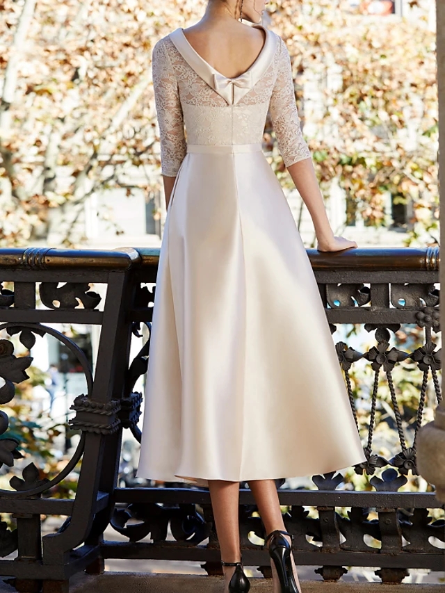 Champagne Mother of the Bride Dress 2025 Elegant Jewel Neck Tea Length Lace Satin Half Sleeve Formal Wedding Guest Gown