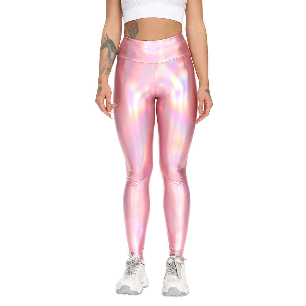 Laser Leather Women High Waist Sport Push Up Skinny Pink Pencil Ruched Butt Leggings Casual Streetwear Faux Legging 210604