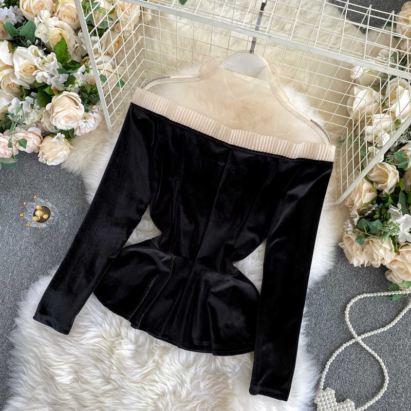 LY VAREY LIN Spring Autumn Women Mesh Patchwork Off Shoulder Black Party Blouse Ladies Tops Fashion Gothic Velvet Shirt 210526