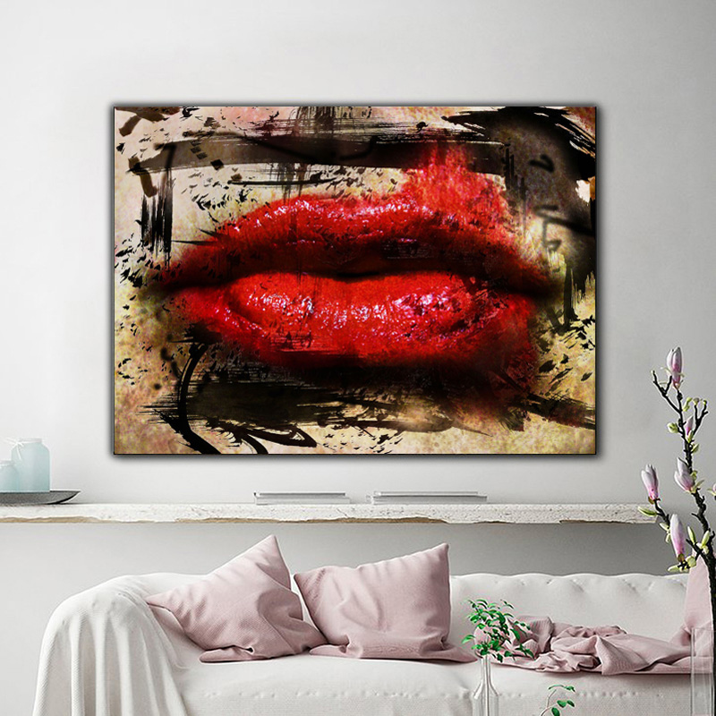 Modern Posters and Prints Canvas Painting Abstract Graffiti Sexy Women Red Lip Wall Pictures for Living Room Cuadros Home Decor
