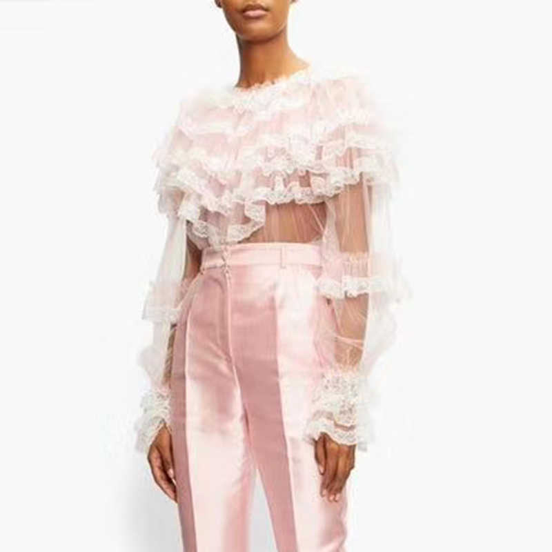 Patchwork Mesh Shirt For Women O Neck Flare Sleeve Lace Hollow Out Perspective Elegant Blouse Female Fashion Style 210531