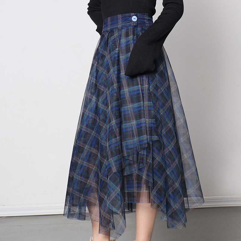 Fashion Elegant Temperament Blue Mesh Plaid Skirt High Waist A-line Women Skirts Fresh All-match Office Lady Jupe 210525