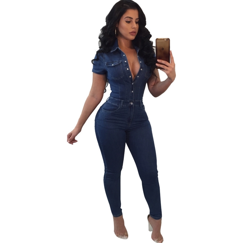 one piece jumpsuits for women plus size Fashion Elegant Style Bodycon rompers Short Sleeve overalls Denim Jumpsuit T200509
