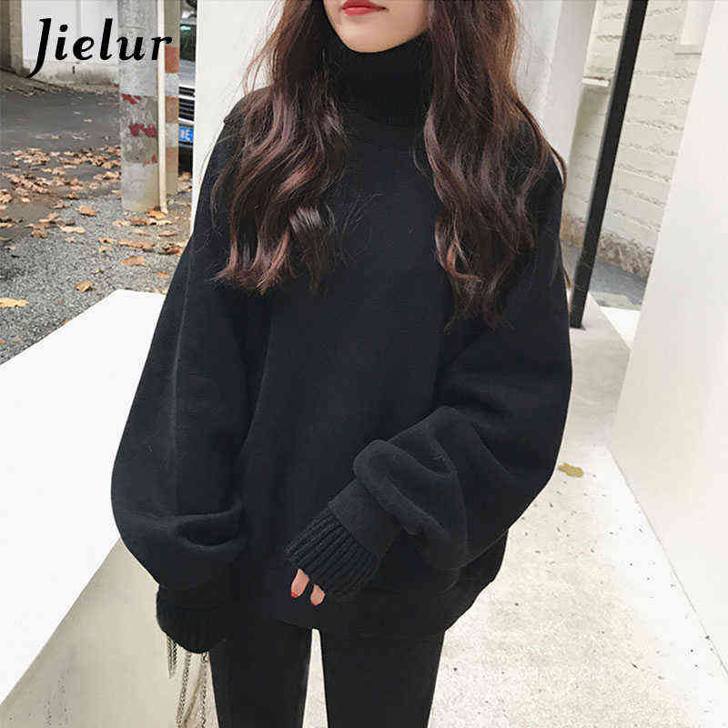 Jielur Korean Style Oversized Hoodies Female Winter False Two Pieces Turtleneck Women's Sweatshirt Loose Thick Fleece Pullovers 211109