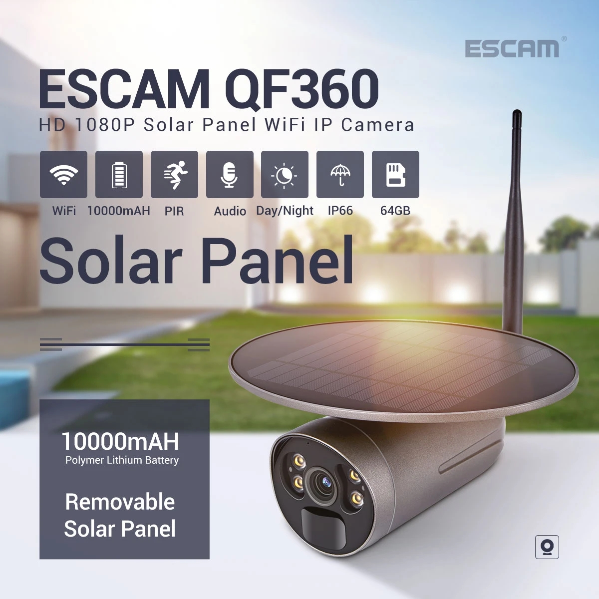 QF360 1080P Cloud Storage WIFI Battery PIR Alarm IP Camera With Solar Panel Full Color Night Vision Two Way Audio IP66 Waterproof Came