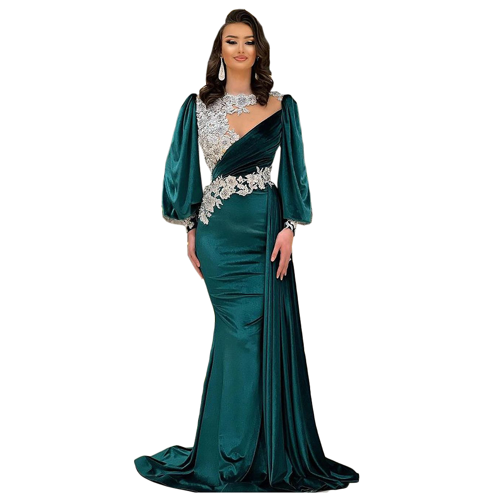 Sage Prom Dress Jewel Long-sleeves Custom made Velvet Appliques Race Floor-length Formal Party Evening Dresses