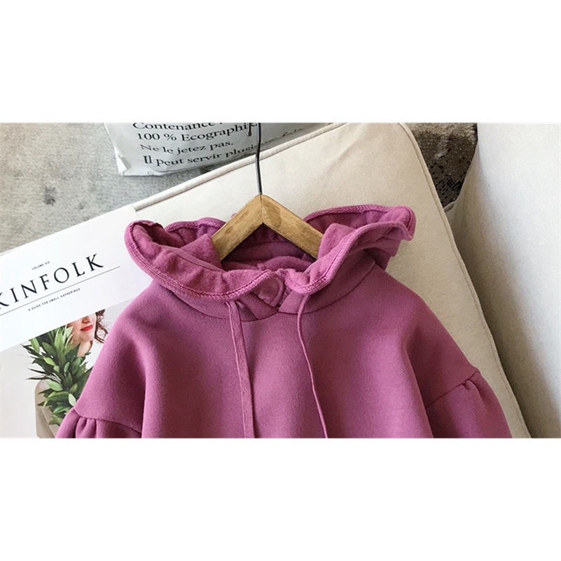 Girls Winter Dress Long Sleeve Hooded Casual Thick Warm Cute Solid Dress for Kids Girl Hoody Shirt Flee Dress Children Clothing 210306