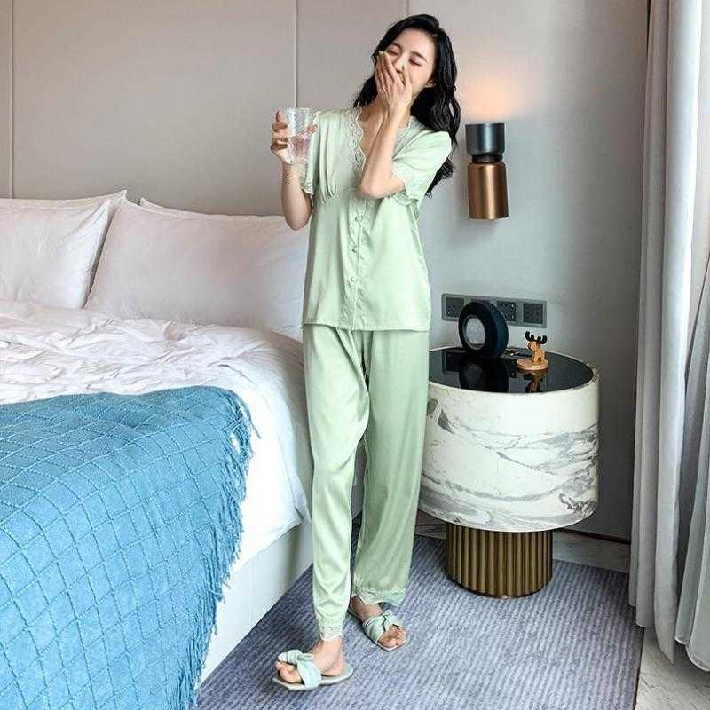 Summer Pajamas Set Women Satin Lounge Wear Sleepwear Casual Shirt&Pants Intimate Lingerie Soft Pyjamas Home Clothes Q0706