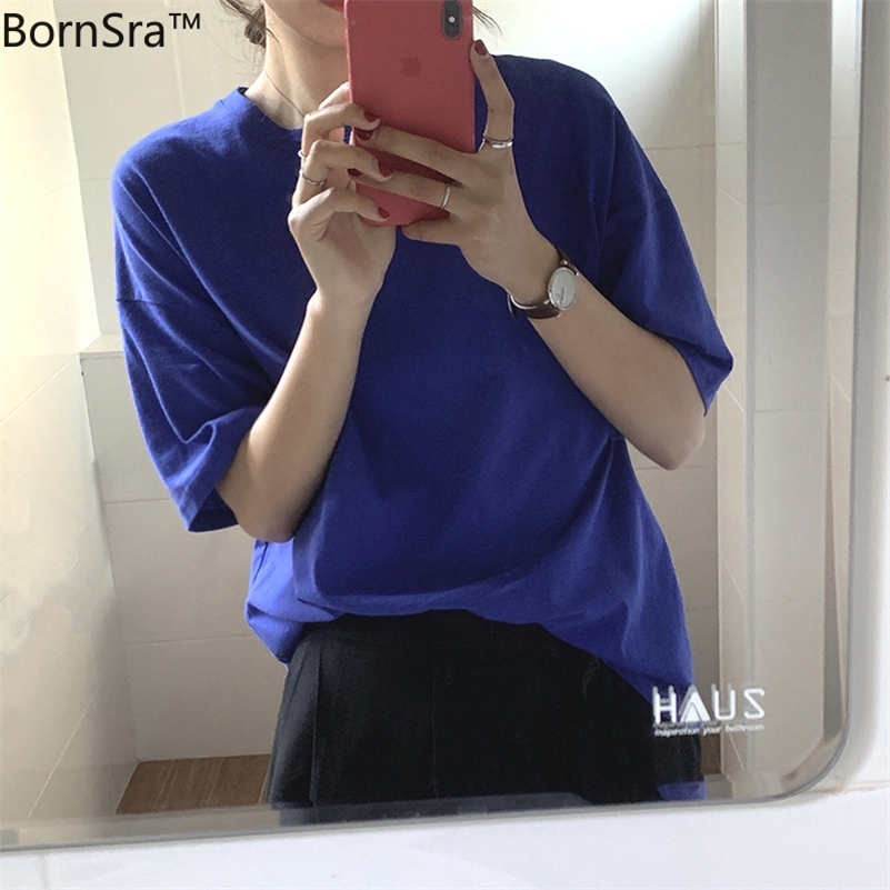 Bornsra Basic Solid-color Round-neck Short-sleeved T-shirt Women's Spring Korean Version of Loose-fitting Jacket T1566 210306