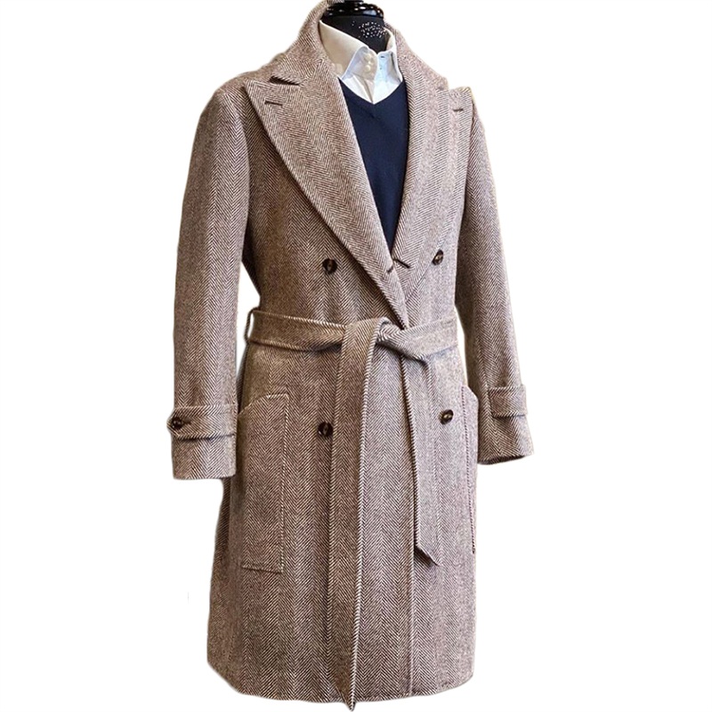 Men Suits With Belt Wool Custom Made Men Suits Handsome Double Breasted Tuxedos Peaked Lapel Blazer Foamal Business Long Coat