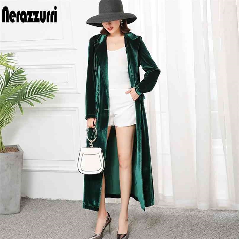 Nerazzurri High Quality Long Green Black Soft Velvet Trench Coat for Women Fall Peaked Lapel british style Overcoat 210820