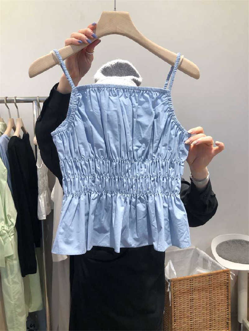 Spring Summer Pleated Waist Solid Vest Strap Sleeveless O Neck Shirt Women's All Match Top 210615, Blue
Spring Summer Pleated Waist Solid Vest Strap Sleeveless O Neck Shirt Women's All Match Top 210615, Blue