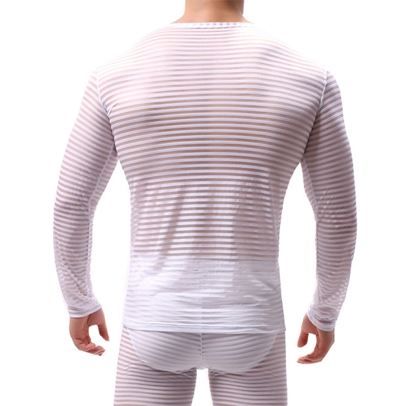 Sexy Mesh T Shirt Mens Transparent Long Sleeve See Through Striped Sleep Undershirts Muscle Perform Top Tees Nightwear 210629