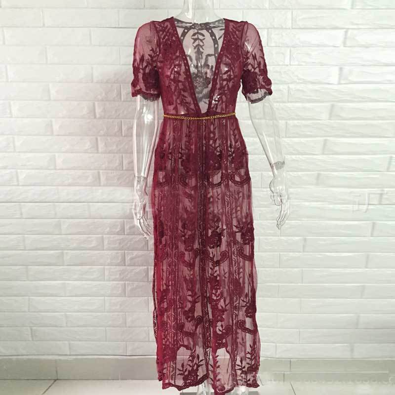Boho Inspired gypsy embroidery LACE MAXI DRESS Plunge Neck slit side tunic summer dress new sexy beach dress clothes female 210309
