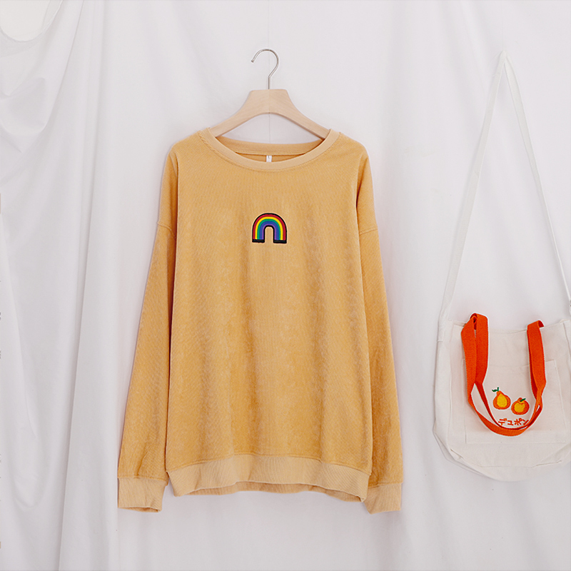 Autumn Printed Long Sleeve Sweatshirt Women Ribbed O-Neck Candy Colors Female Basic Sweatshirts Vintage Loose Lady Pullover LJ201103