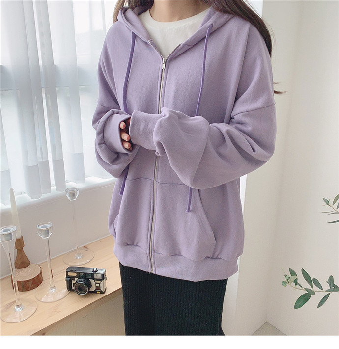 Casual Cotton Thin Coat Spring Autumn New Fashion All-match Loose Hoodies Women student Long Sleeve Zip-up Solid sweatshirt 201212