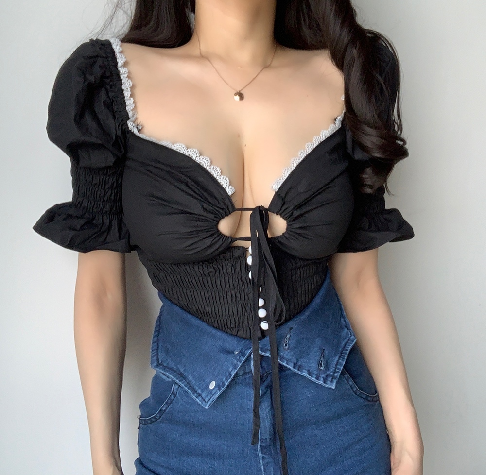 French Big Vneck Lace Elastic Waist Short Exposed Navel Sexy Womens Vintage Fold Puff Sleeve Girl Female Tops Shirt Blouse HYTP 210225