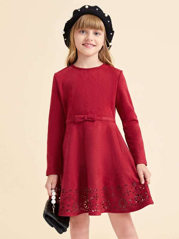 Girls Laser Cut Bow Front Dress SHE