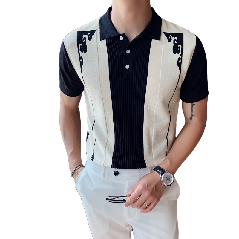 Men's Short-sleeved Knitted Polo Shirt Contrast Color British Lapel Ice Silk Men Poleras Hombre Camiseta Verano Hombre 210308