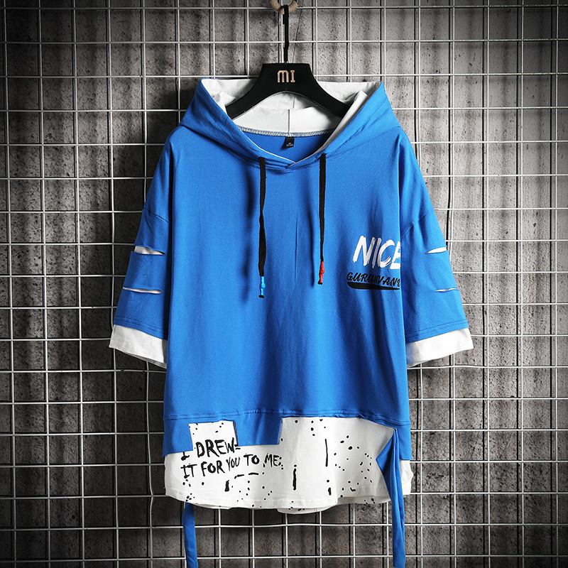 Men ribben hoodies Summer Male Fashion short sleeve hoodies Men s hoodies tshirt Color Splice hooded tshirt Street Style LJ201028