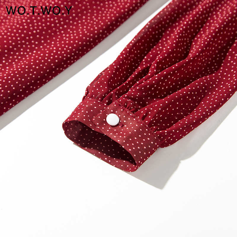 WOTWOY Bohemian Dot Print Dresse Summer Cross V-neck Sashes Mid-Calf Dress Lady Long Sleeve Button Female 210623