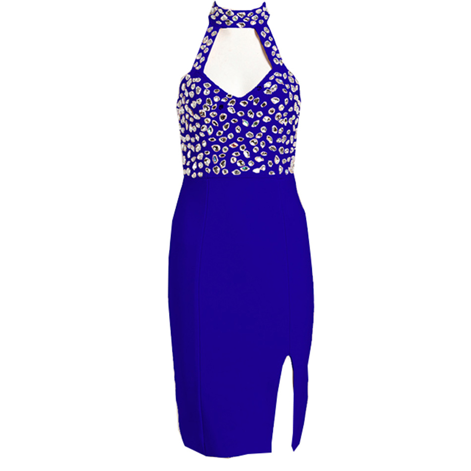 Autumn Women'S Bandage Dress Celebrity Party Sexy Bodycon Hanging Neck V-Neck Beaded Open Back Vestidos 210525