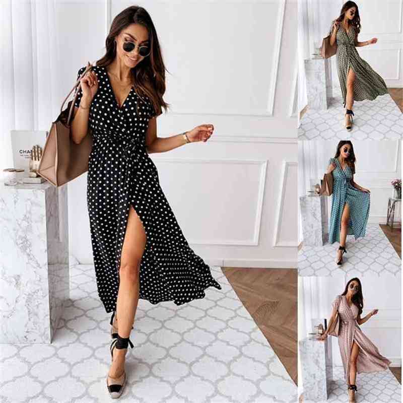 Women Dresses Summer Fashion Polka Dot Split Boho Dress Casual Beach Vacation Long Vestido De Mujer YS9885 210623