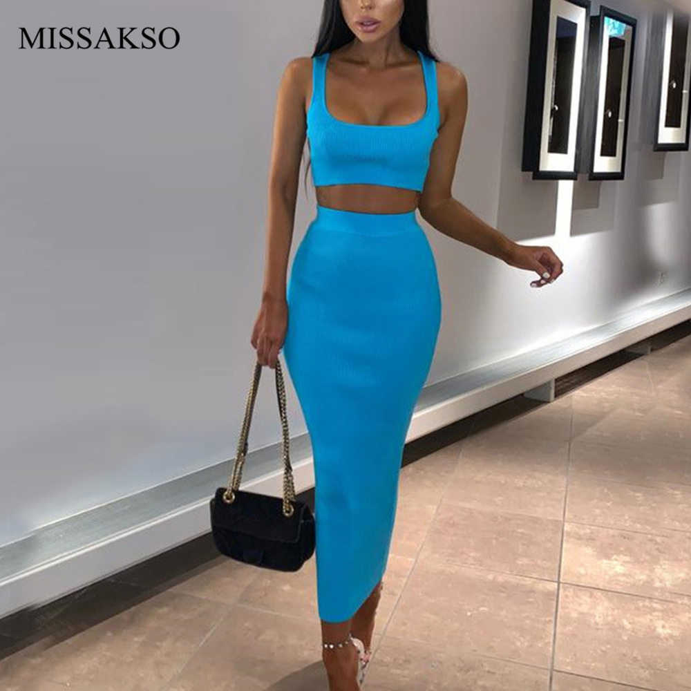 Missakso Two Piece Set Midi Dress Sleeveless Tank Club Fashion Party Summer Women Ribbed Dresses Neon Green Orange Pink 210623