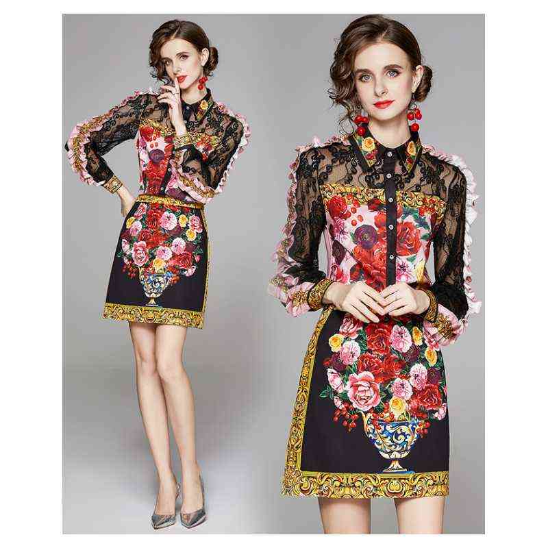 Runway Sicilian Roses Autumn Suit Women's Two Piece Suits See Through Lace Ruffles Sleeve Shirts + Floral Short Skirt 2pcs Sets 211106