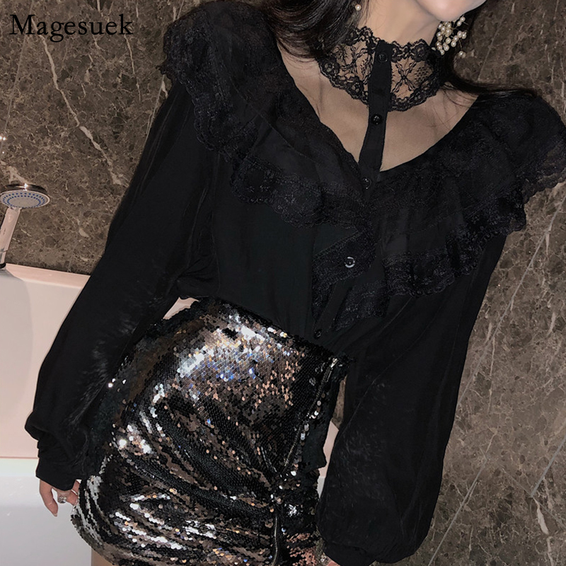 Ruffles White Lace Stitching Shirt Autumn New Fashion Lace Blouse Women Puff Sleeve Sweet Sexy Womens Tops Blusas De Mujer 10783 210225