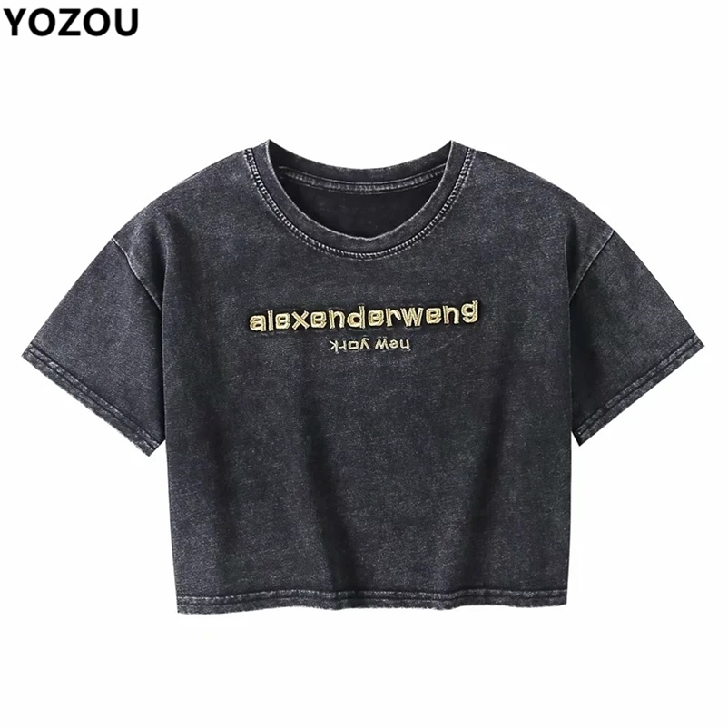 YOZOU Women Retro Vintage Letters Embroidery Summer Distressed Black O-Neck Crop Top Tee Tshirt for Female 210722
YOZOU Women Retro Vintage Letters Embroidery Summer Distressed Black O-Neck Crop Top Tee Tshirt for Female 210722