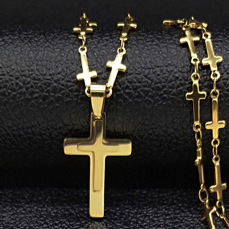 Pendant Necklaces 2021 Fashion Cross Stainless Steel Necklace Women Double Layer Gold Color Neckless Jewerly Acero Inoxidable Joyeria Mujer