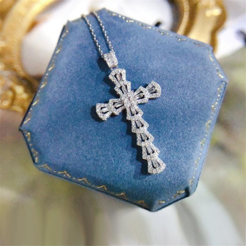 2021 Top Selling Jewelry Sterling Sier T Princess Cut White Topaz CZ Dia Cross Pendant Party Eternity Women Clavicle Necklace Gift