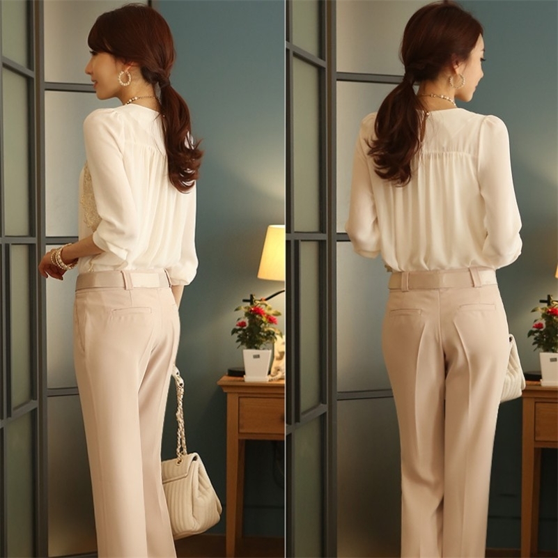 Women Loose Chiffon Blouse Feminine Lace Embroidery Patchwork Oneck Shirt Female Long Sleeve Office Tops Plus Size 5XL Y200828