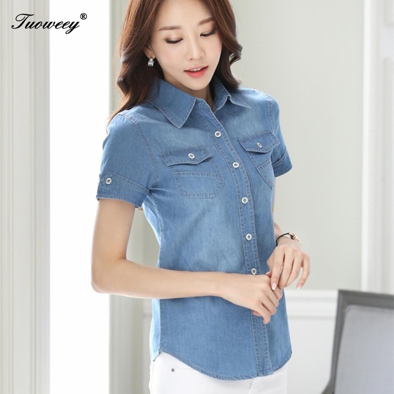 Cotton spring Fashion Loose Denim Women Blouses short Sleeve Shirts Women Tops vintage Jeans Blouse Female Casual Clothing T200321