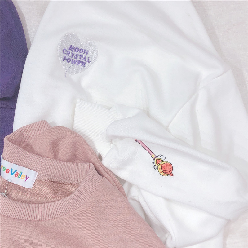 Woherb Spring Summer Harajuku Kawaii Thin Sweatshirt Women Sailor Moon Embroidery Cosplay Long Sleeve Tops Hoodie 21262 201211
