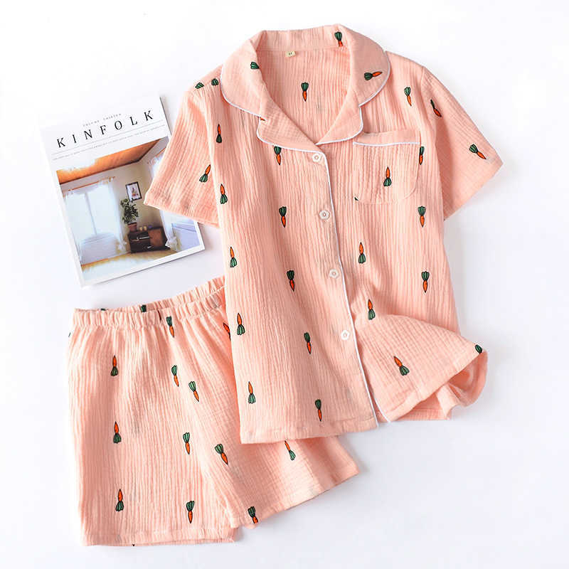 ladies pajamas suit summer comfortable cotton gauze lapel pajamas suit women thin loose cartoon carrot printing home service 210924