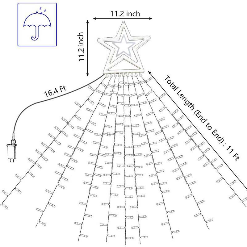LED Five-Pointed Star Waterfall Lights Christmas Hanging Tree Rooftop Decoration Meteor Lights for Outdoor Courtyard Remote Control Solar Powered