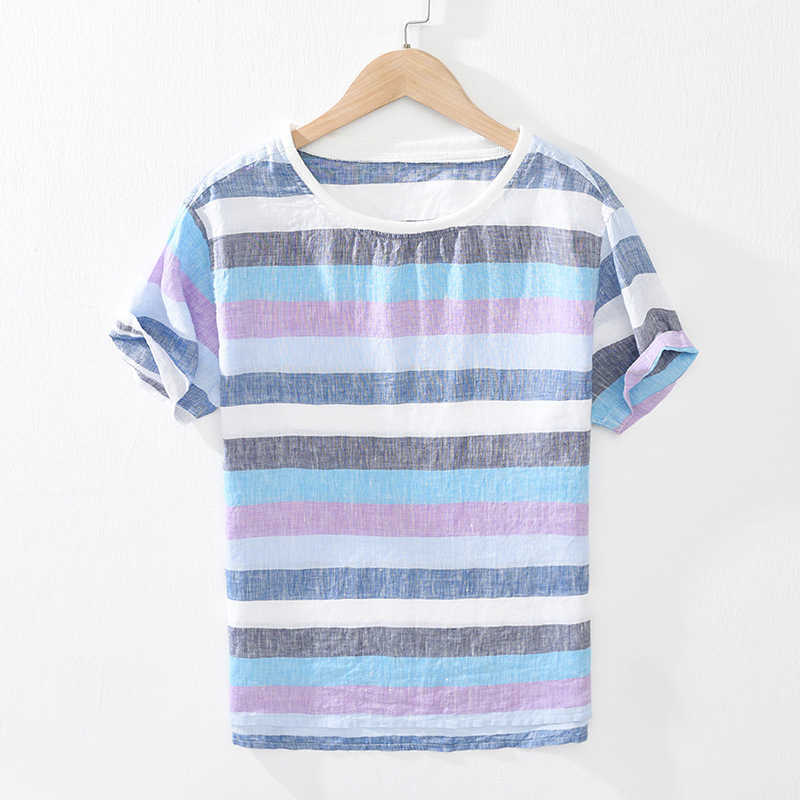 Men Tshirt Striped Short Sleeve Tee 100%Pure Linen O-Neck Tops Summer Casual Trend T-Shirts Male Fashion Clothing 210601