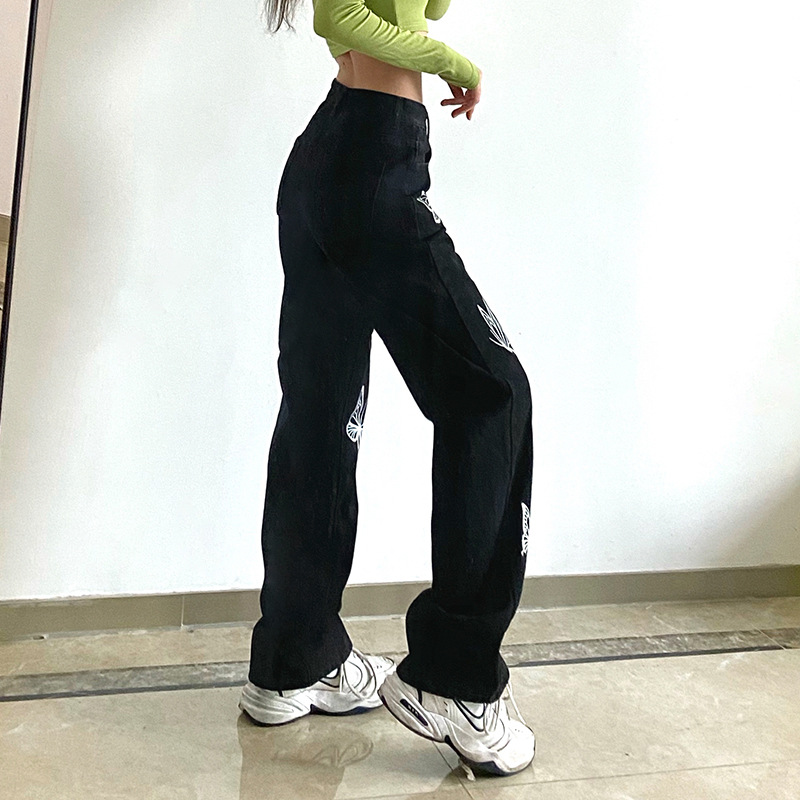 Fashion Loose Bufferfly Print High Waist Ttrousers Women Streetwear Splice Button Jeans 2021 New Casual Straight Pants, Black;white 
Fashion Loose Bufferfly Print High Waist Ttrousers Women Streetwear Splice Button Jeans 2021 New Casual Straight Pants, Black;white