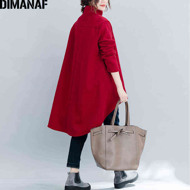 DIMANAF Autumn Winter Pullover Women Clothing Warm Hoodies Sweatshirts Loose Cotton Knitted Thicken Tops Turtleneck Red Black 211109