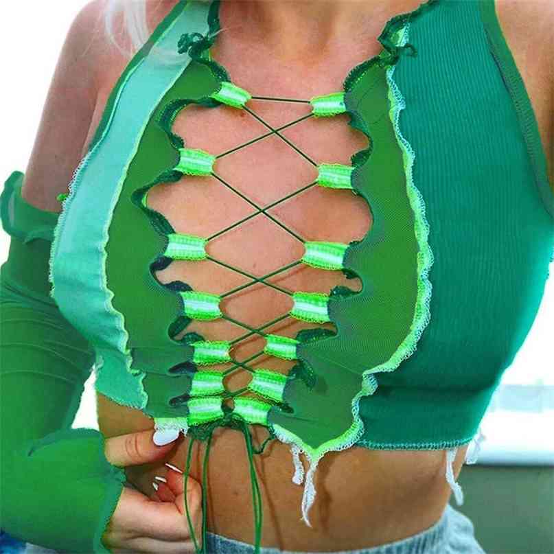 sexy holes cut-out tassel crop top summer fashion patchwork mesh fabric tees Gothic activity cool slim sleeveless tshirt 210607, Green
sexy holes cut-out tassel crop top summer fashion patchwork mesh fabric tees Gothic activity cool slim sleeveless tshirt 210607, Green