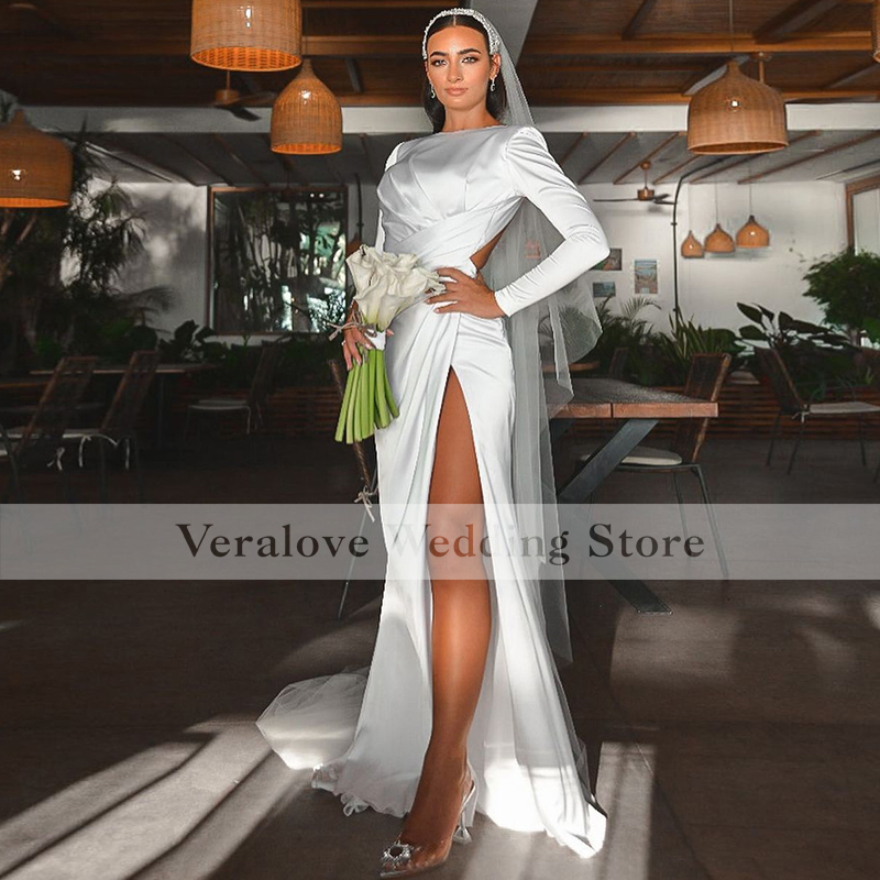 Saudi Arabic Wedding Dress Mermaid 2022 Long Sleeves Split Satin White Ivory Birdal Party Gowns Custom robes de soiree
