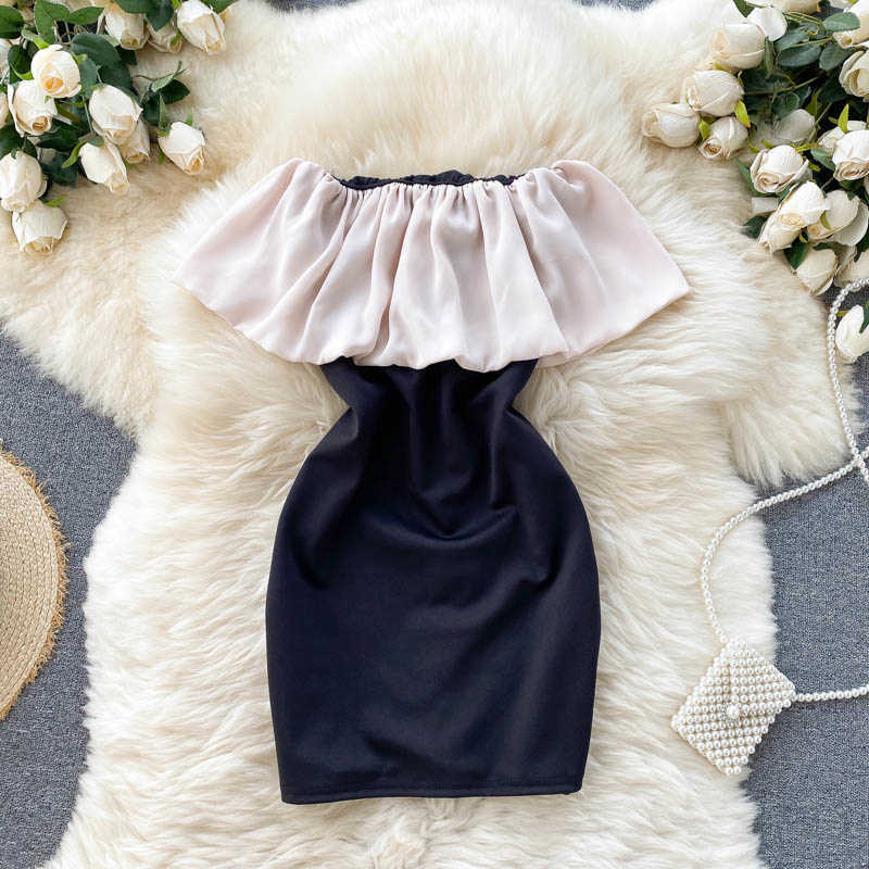 DEAT Women Patchwork Strapless Dress Arrivals Lady Sexy Backless Temperament Fashion Spring Summer 11D1568 210709