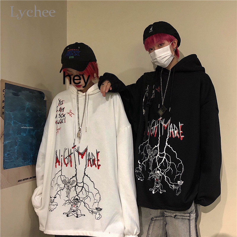 Lychee Harajuku Loose Casual Female Hoodies Pullovers Graffiti Devil Letter Women Hooded Sweatshirt Autumn Lady Sweatshirts Tops 201212