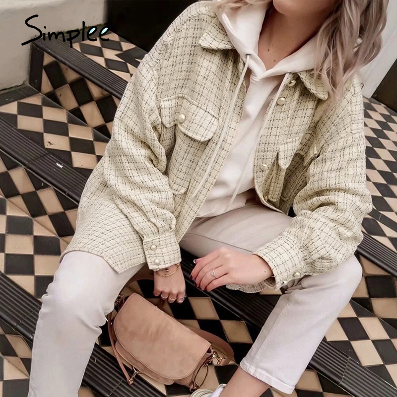 Simplee Elegant Pearl Tweed Plaid Shirt Women Autumn Winter Casual Loose Oversized Long Shirt High Street Fashion Women's Blouse 210225