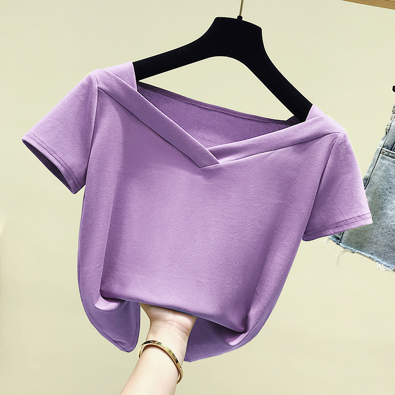 gkfnmt Cotton Korean Sexy VNeck Purple T shirt Women Clothes Summer Short Sleeve Casual TShirt Female Tops Tee Shirt Femme T200614