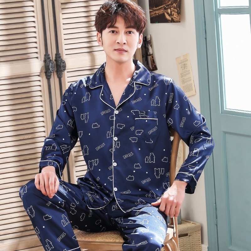 Silk Pyjama Set Men Sleepwear Satin Pajamas Unit Autumn Spring Home Suit Printed Lounge Pants Nightgown Sleep Clothes XXXL 201126