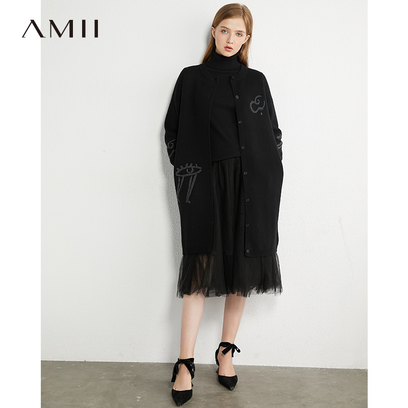 AMII Minimalism Autumn Winter Fashion Embroidery Women Cardigan Solid Oneck Knitted Singlebreasted Female Coat 12040788 201019