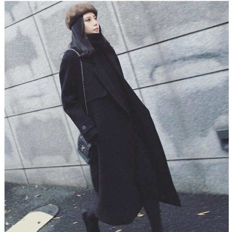 KUEZLE Parkas Spring Woolen Coat Women Long Woolen Coat Female Black Winter Coats Long Outerwear for Women SMLXLXXL T190903